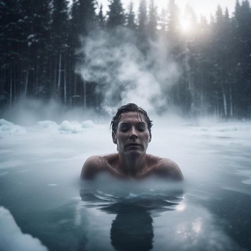 Homem submerso em água com vapor numa paisagem de neve e florestas