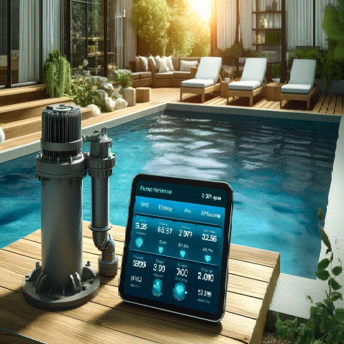 Equipamento de controlo e filtragem digital para piscina numa varanda de madeira ao lado da piscina.