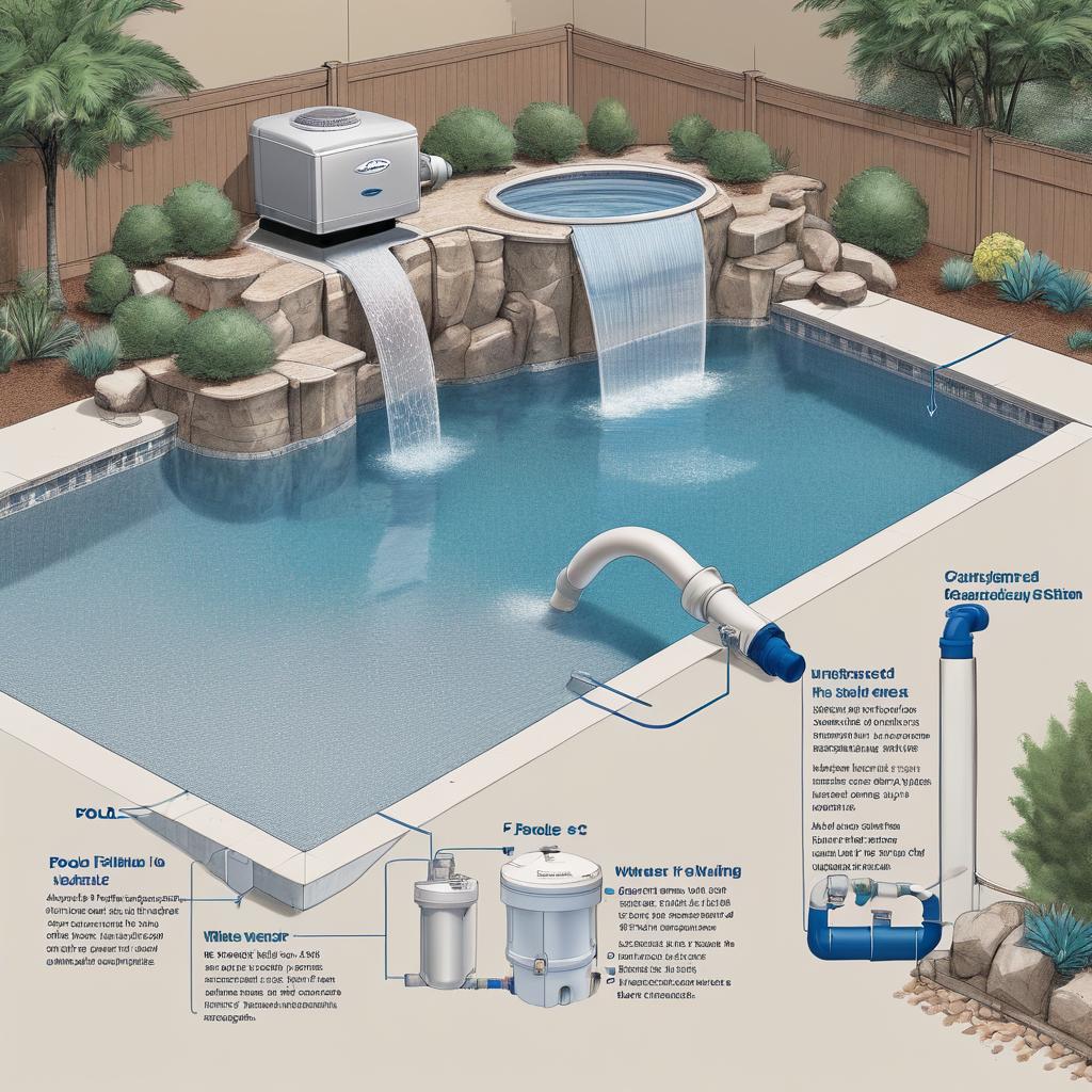 Diagrama de piscina com sistema de filtragem e limpeza