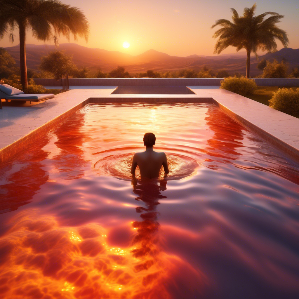 Homem numa piscina exterior ao pôr do sol com palmeiras e montanhas ao fundo