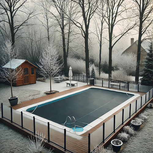 Piscina exterior coberta com capa preta e vedação preta em ambiente de inverno com neve