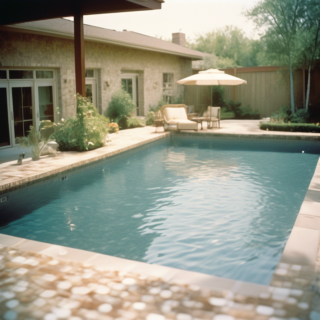 Piscina exterior retangular com espreguiçadeiras e guarda-sol em ambiente de casa de tijolo