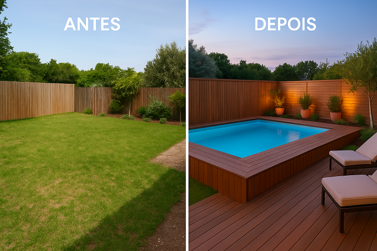 Antes e depois da transformação de um jardim com relvado para uma área com piscina elevada, deck de madeira e espreguiçadeiras.