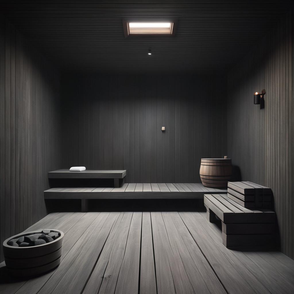 Interior de uma sauna com madeira escura, um banco com toalha, barril de madeira e balde com pedras
