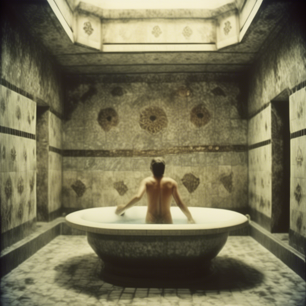 Banheira redonda de pedra numa sala com azulejos e clarabóia, pessoa sentada de costas