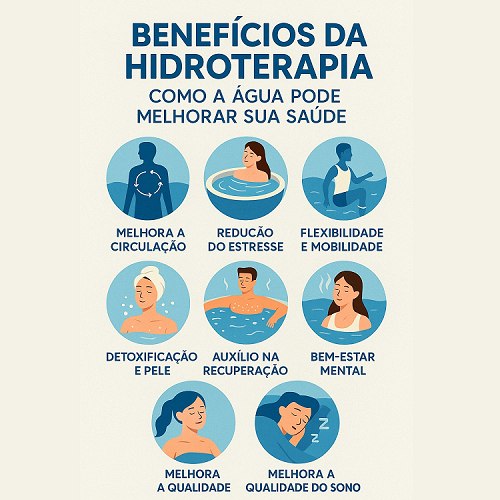 Benefícios da hidroterapia com ilustrações e texto explicativo em português