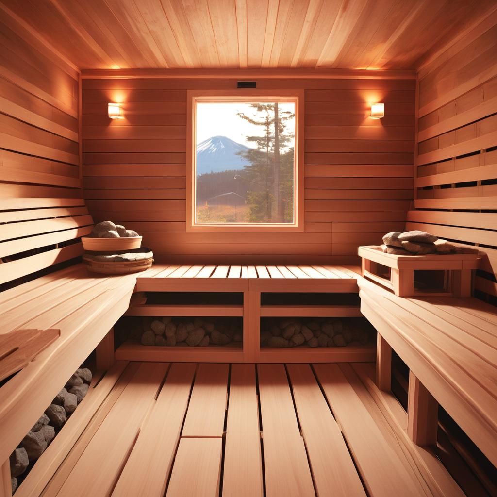 Interior de sauna em madeira clara com iluminação quente e janela com vista para montanha