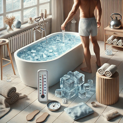 Banheira branca cheia de gelo em casa de banho moderna com homem de boxers e acessórios de banho