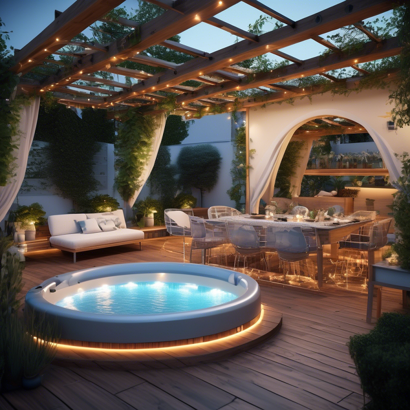 Zona de lazer exterior com jacuzzi redonda iluminada e mesa de jantar com cadeiras transparentes