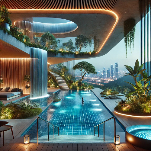 Piscina interior de luxo com iluminação moderna e plantas verdes
