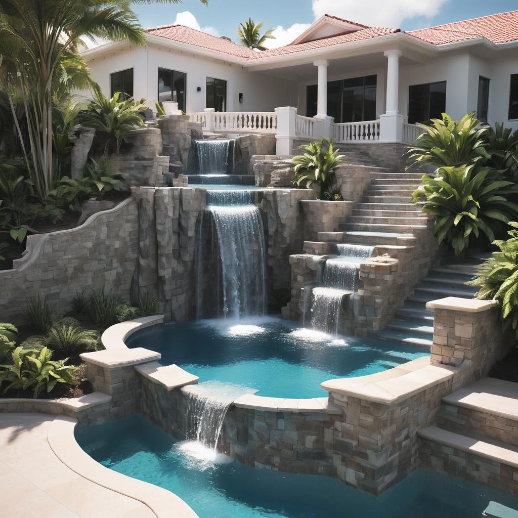 Piscina com cascatas em pedra e casa branca ao fundo