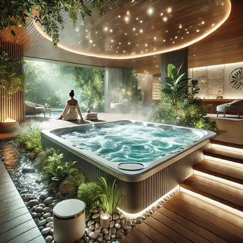 Piscina de hidromassagem interior moderna com plantas e luzes quentes