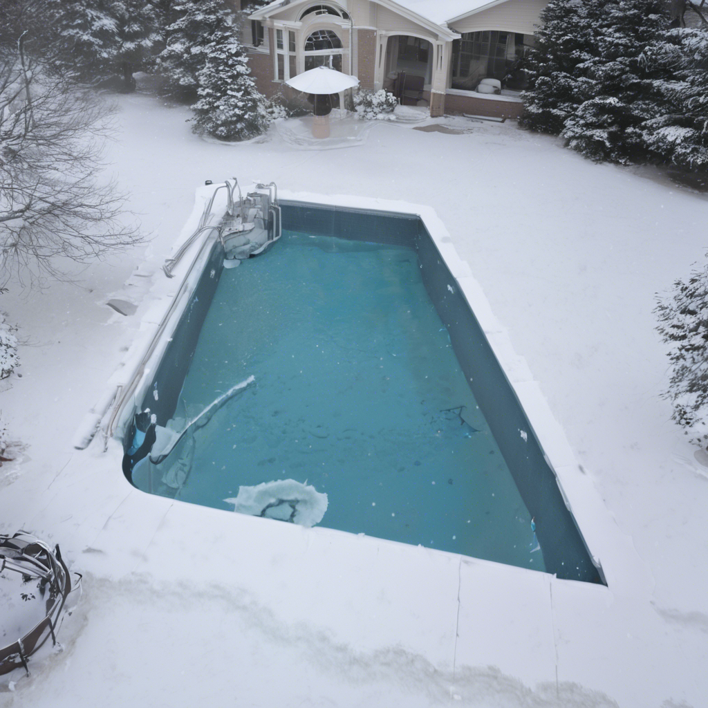 Piscina exterior retangular com água azul em ambiente nevado junto a casa