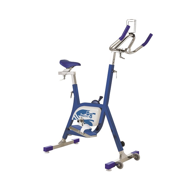 bicicleta estática azul e prata com selim e punhos azuis