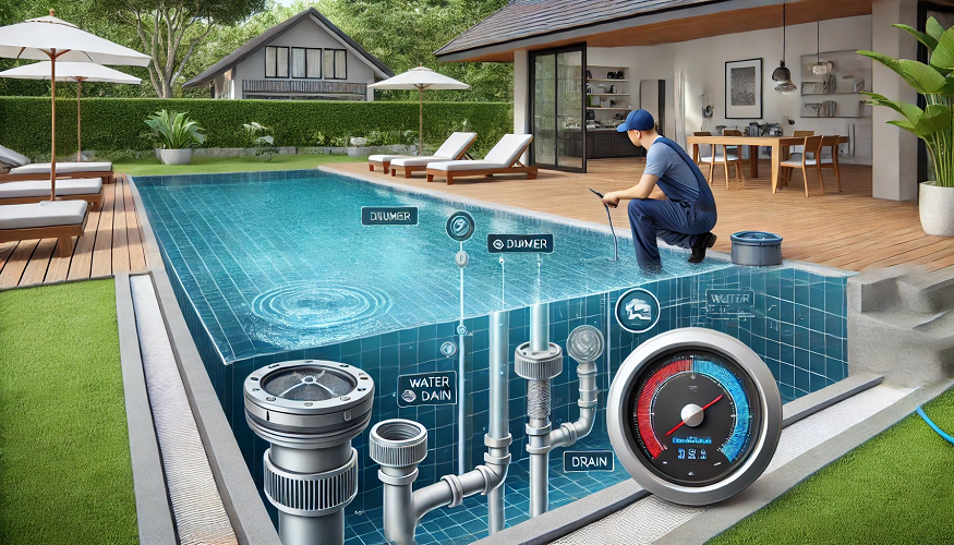 Ilustração 3D de uma piscina com tubulações internas e um homem inspecionando junto de indicadores digitais.