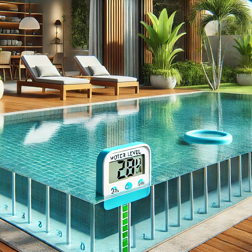 Piscina com espreguiçadeiras, plantas e medidor digital de ph na água