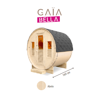 SAUNA EXTERIOR GAÏA BELLA 160 Sauna de madeira em forma de tonel com telhado escuro e janelas visíveis