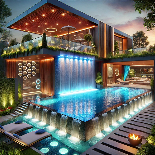 Piscina exterior moderna com cascatas e iluminação à noite
