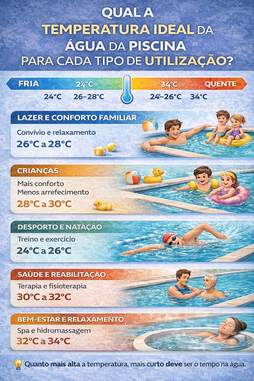 Infográfico com temperaturas ideais da água da piscina para vários usos, com ilustrações de famílias e pessoas em piscina e spa.