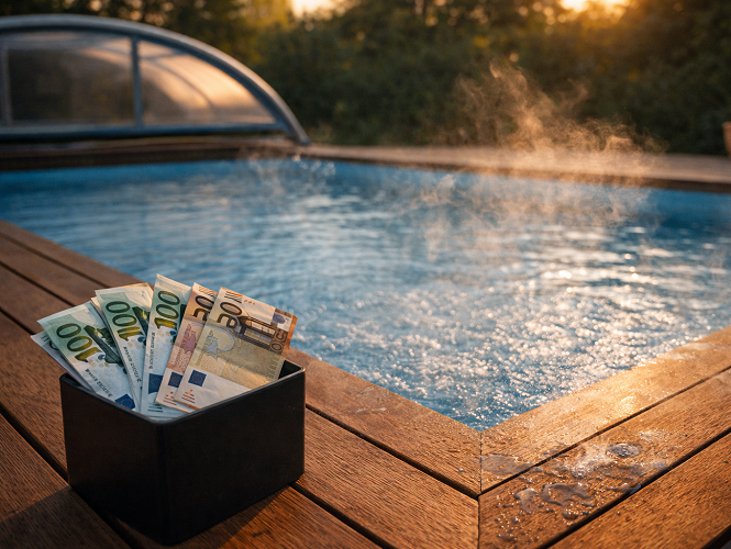 Notas de euro num suporte preto junto a uma piscina com vapor ao pôr do sol