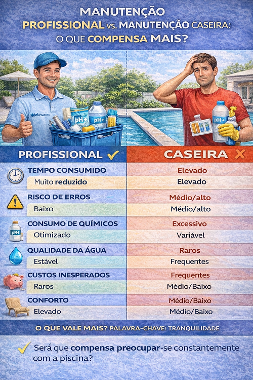 Infográfico comparando manutenção profissional e caseira de piscina com homens segurando produtos químicos e tabela de comparação.
