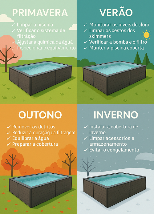 Ilustração de piscina quadrada em diferentes estações com instruções para manutenção.