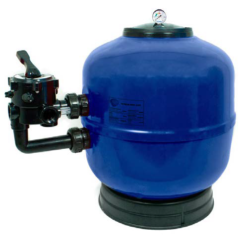 Filtro para piscina azul com válvula preta e manómetro