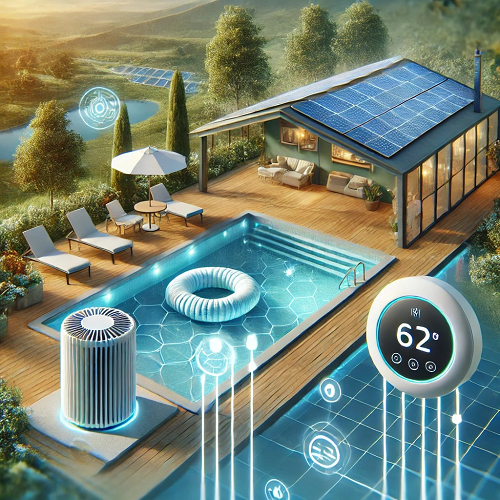 Piscina exterior com espreguiçadeiras, casa com painéis solares e termostato digital a 62°.