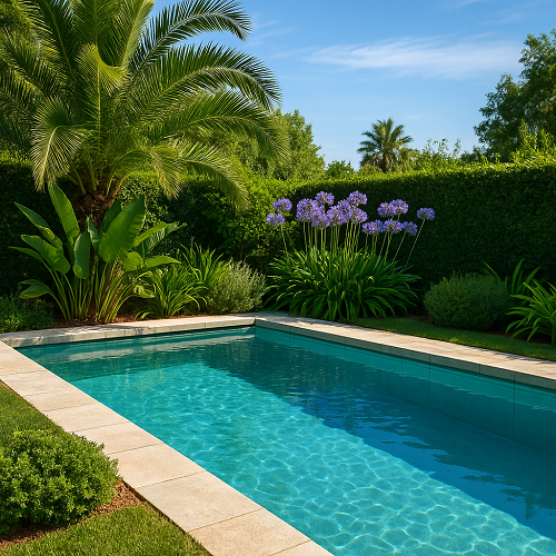 Piscina retangular exterior com borda em pedra rodeada por plantas verdes e flores roxas
