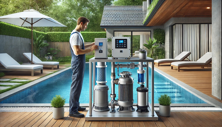 Sistema de filtração de água industrial junto a piscina com homem a operar