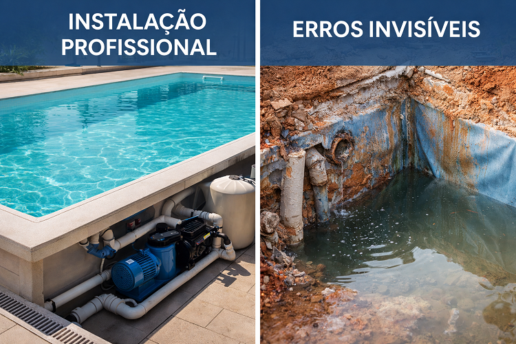 Comparação entre instalação profissional de piscina e erros invisíveis em canos no solo