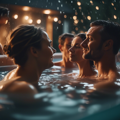 Quatro adultos numa piscina exterior à noite com luzes quentes e gotas de água