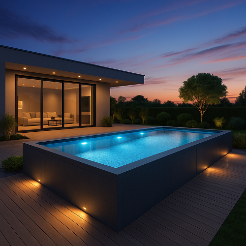 Piscina retangular elevada com luzes azuis em deck de madeira ao entardecer