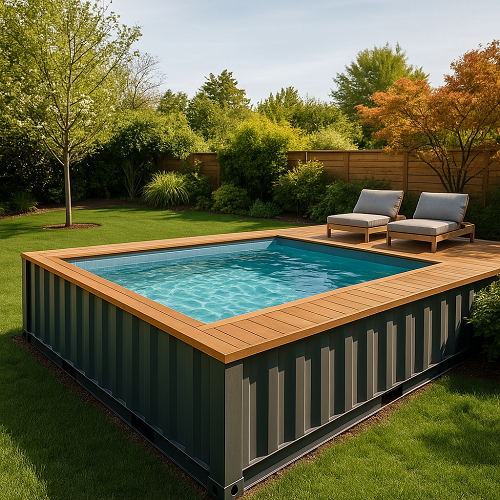 Piscina elevada quadrada com bordas de madeira e espreguiçadeiras no jardim