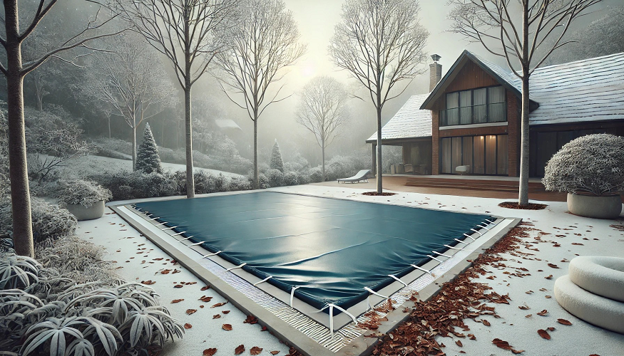 Piscina exterior coberta com lona azul em terraço com folhas caídas e casa ao fundo