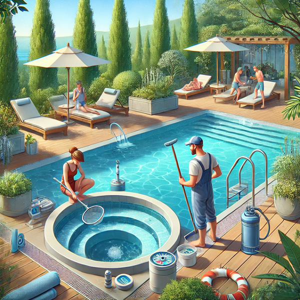 Piscina exterior com jacuzzi, espreguiçadeiras, ombrelones e pessoas a limpar a piscina