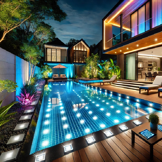 Piscina iluminada à noite com deck de madeira e casa moderna ao fundo