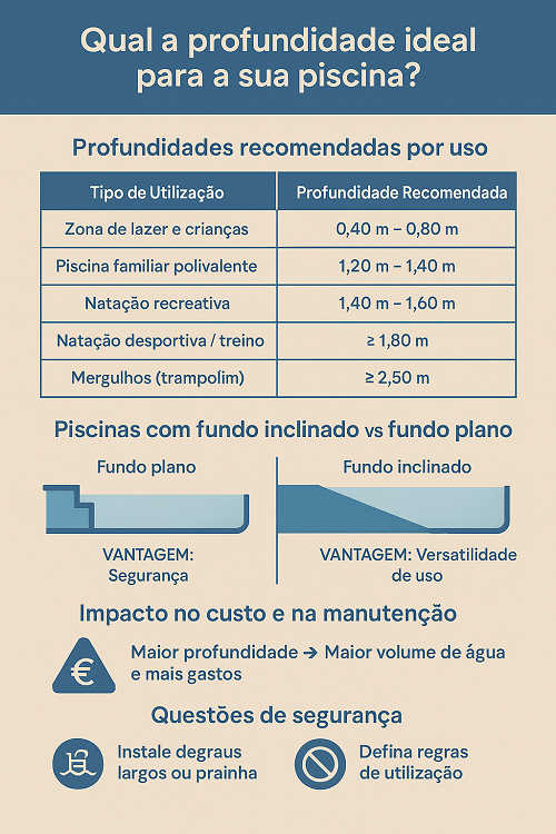 Infográfico sobre profundidade ideal para piscinas e vantagens de diferentes tipos de fundo.