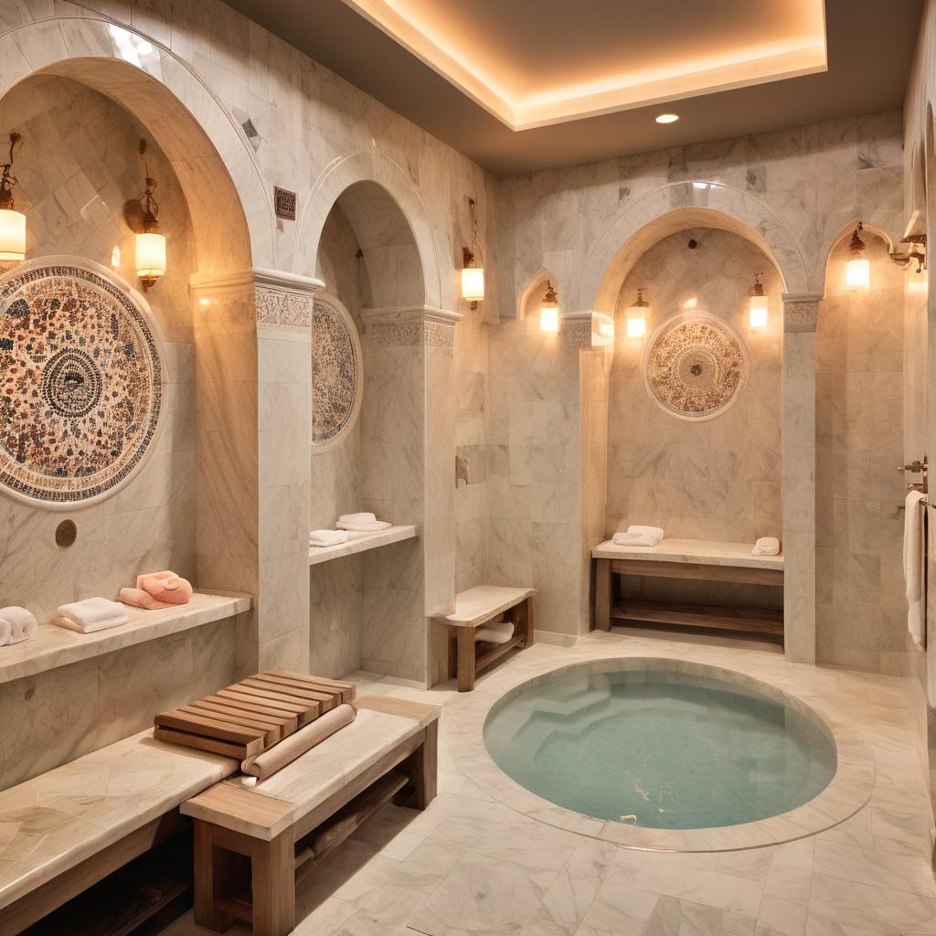 Banho turco interior com mármore, bancos de madeira, mosaicos decorativos e piscina circular