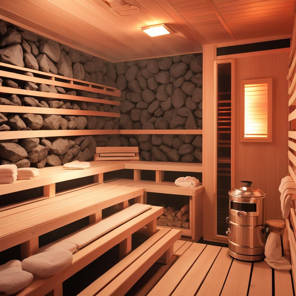 Interior de sauna com bancos de madeira clara e paredes de pedras cinzentas