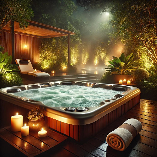 Jacuzzi ao ar livre com velas e toalha numa área de madeira iluminada à noite