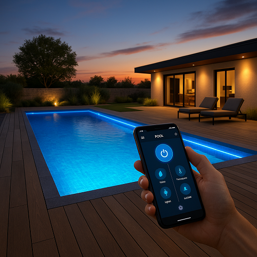 Piscina iluminada à noite com smartphone a controlar funções