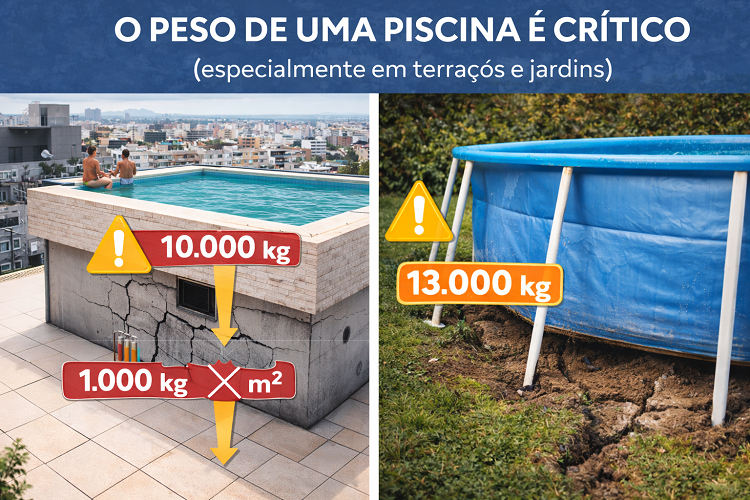 Comparação do peso de duas piscinas mostrando a importância do peso em terraços e jardins
