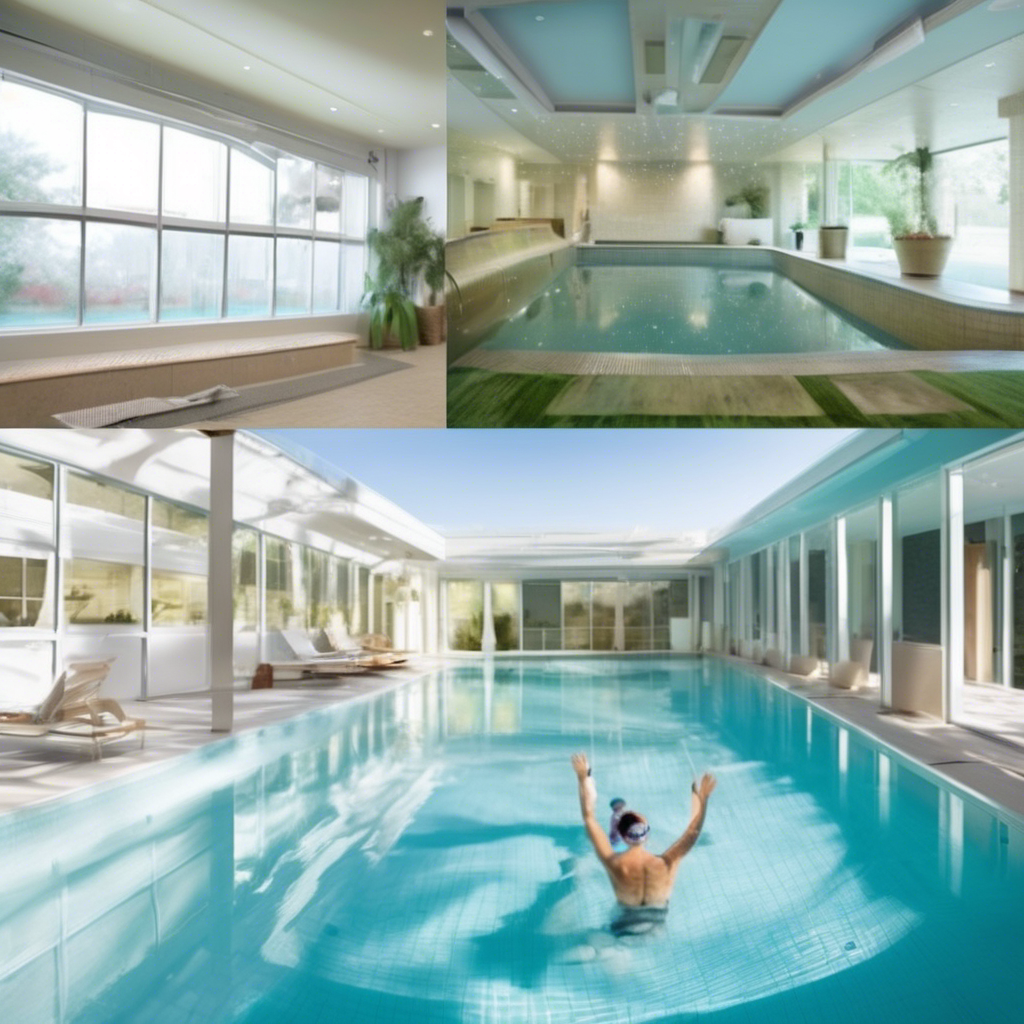 Três piscinas interiores com janelas grandes, plantas, teto azul e uma pessoa a nadar.