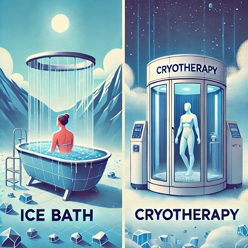 Banheira azul com água e cubos de gelo e cabine de crioterapia redonda com figura humana e cubos de gelo.