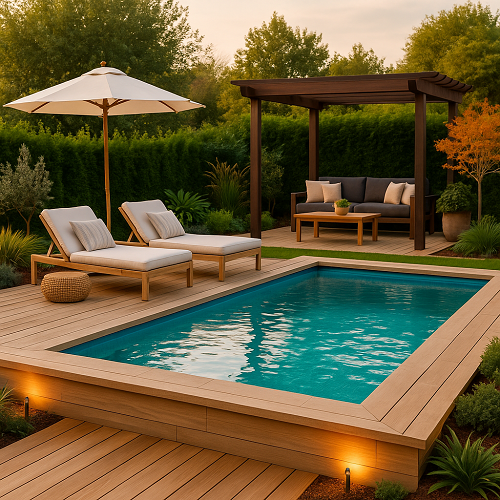 Piscina com deck de madeira, espreguiçadeiras, guarda-sol, pérgola com sofá em jardim