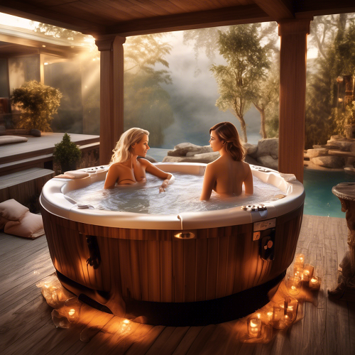 Banheira de hidromassagem redonda com acabamento em madeira sob pérgula, rodeada por velas, duas mulheres dentro e área verde ao fundo