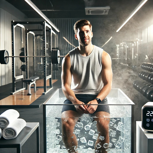 Homem sentado num tanque de gelo transparente num ginásio com equipamento de musculação ao fundo