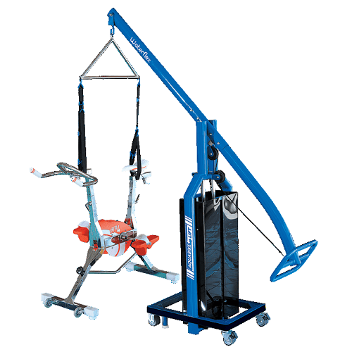Elevador de Aquabike Equipamento de reabilitação com assento e guindaste azul
