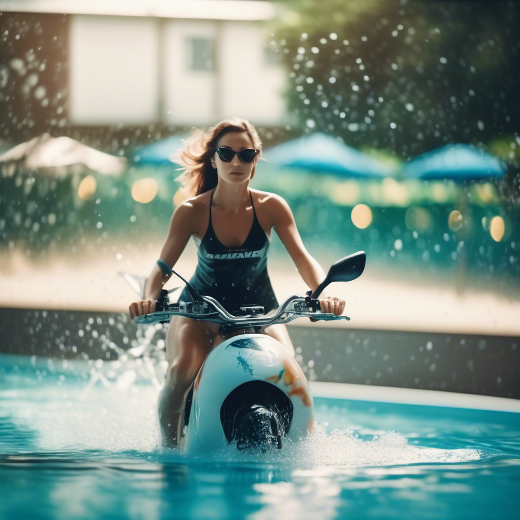 Mulher de óculos escuros a conduzir uma mota branca numa piscina